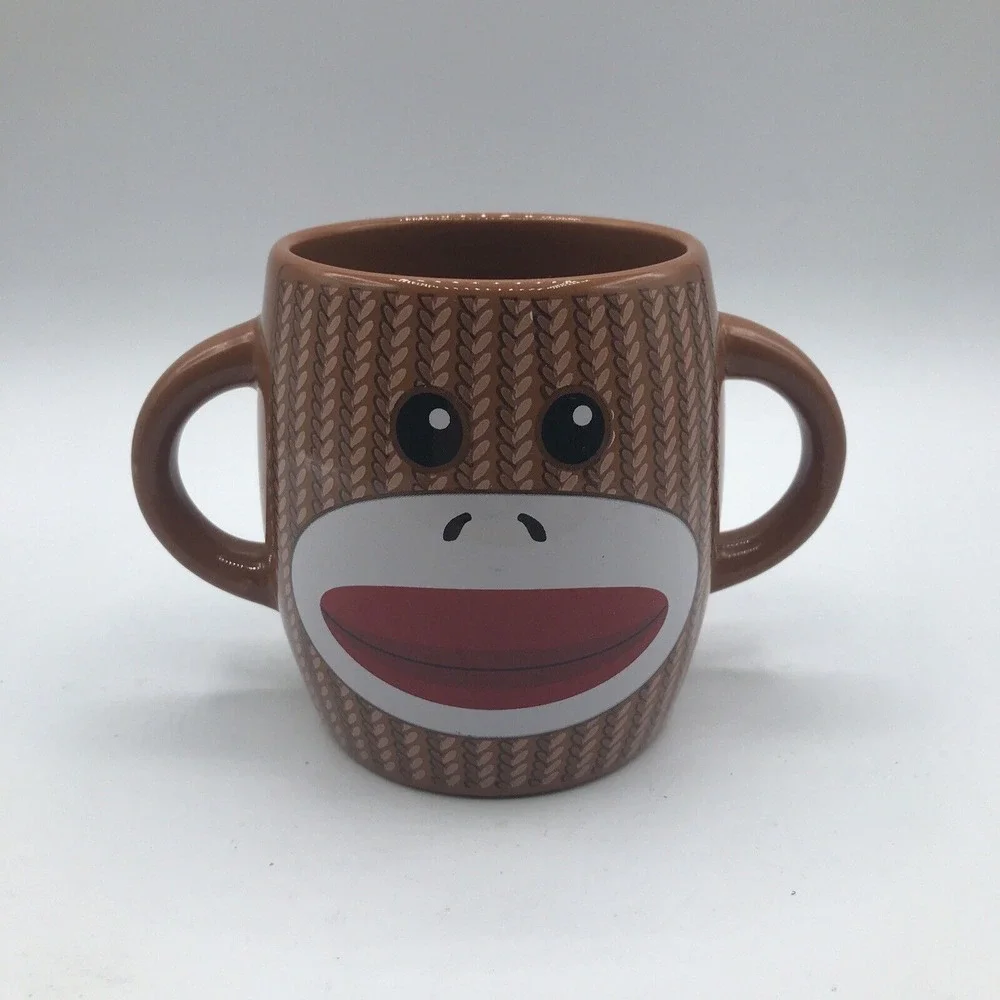 Galerie Sock Monkey Double 2 Handle Coffee Tea Cup‎ Mug Brown 16 oz